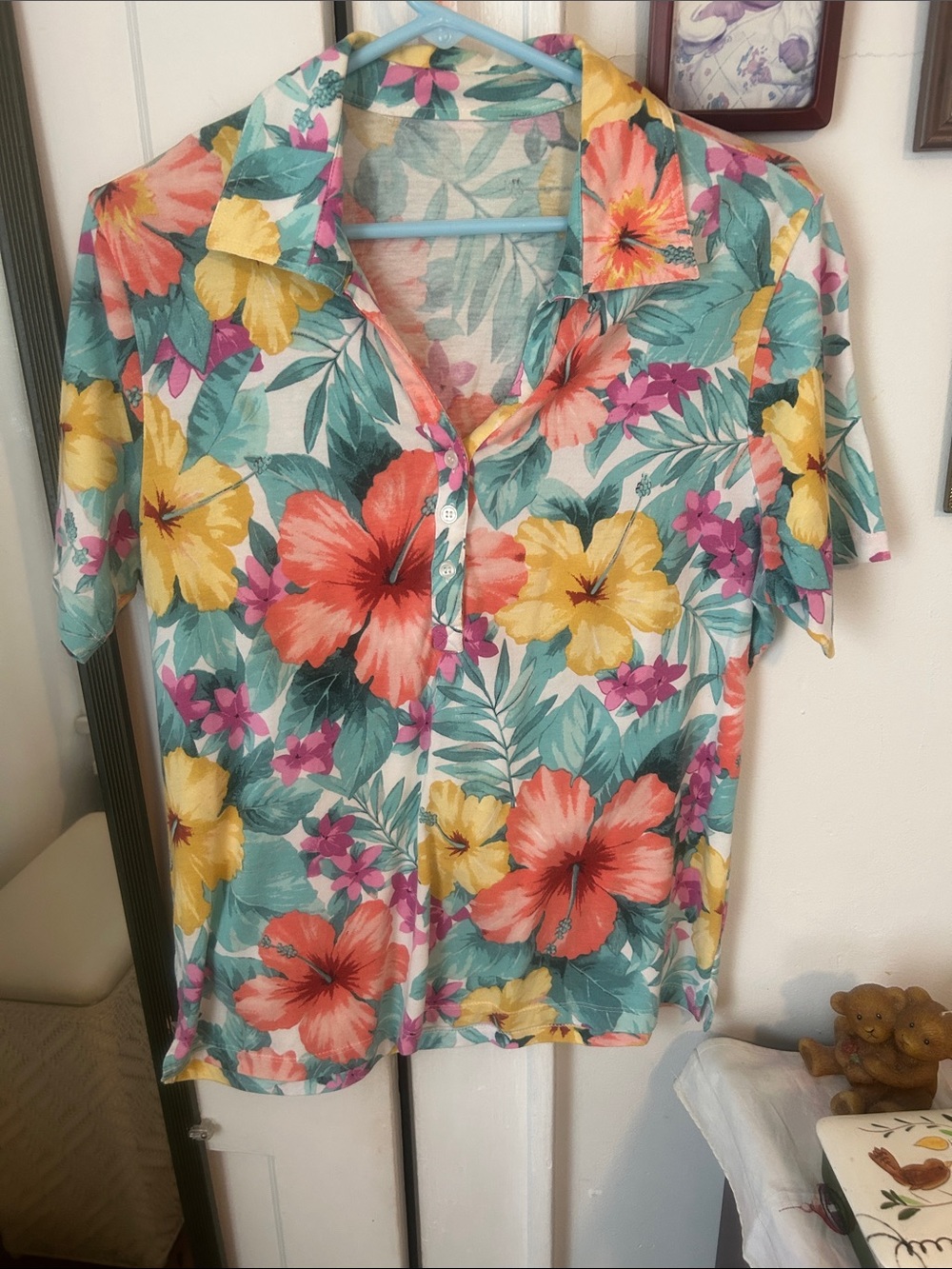 Floral Tropical Button-Front Women's Top in Teal, Coral & Yellow